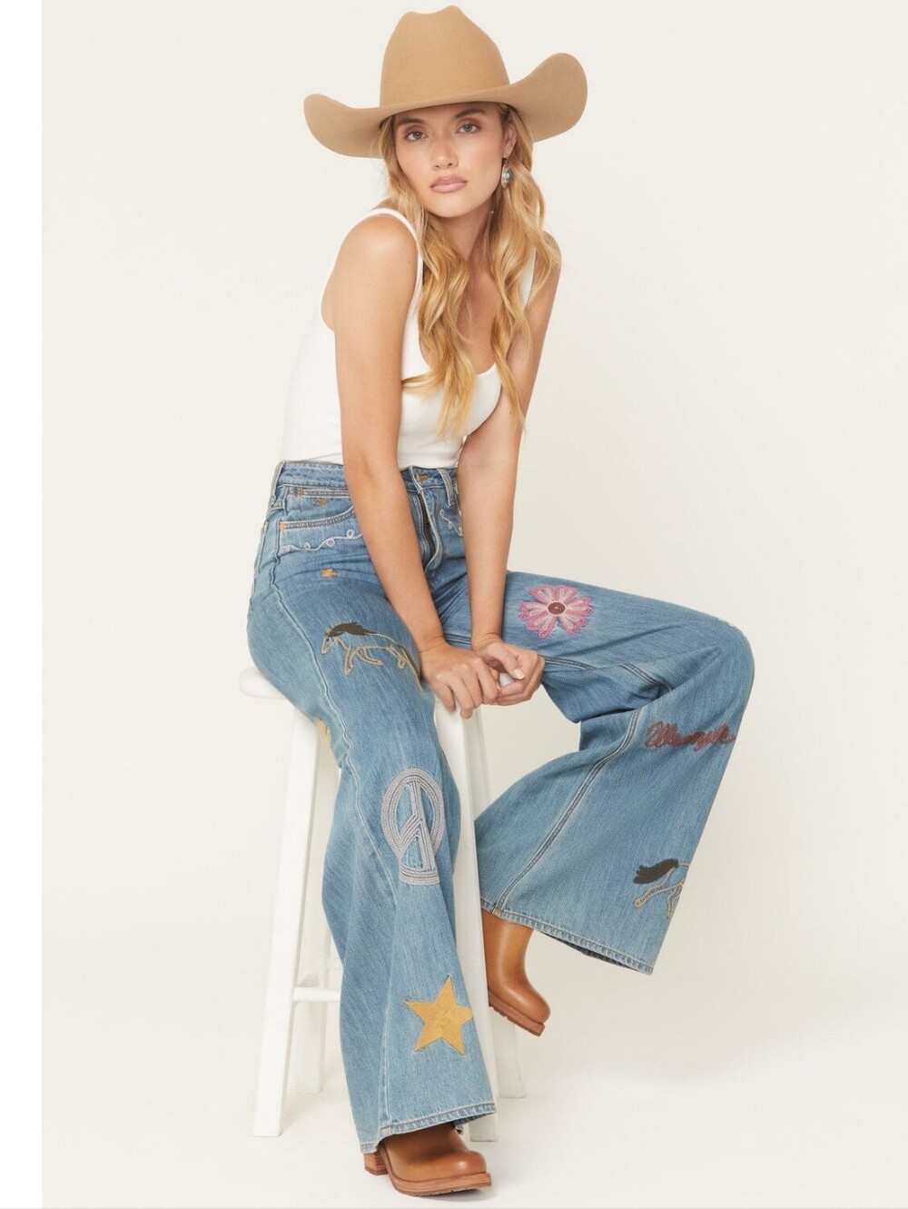 Wrangler NWT Blue Embroidered Wide-Leg Jeans Size 24 - Picture 6 of 13